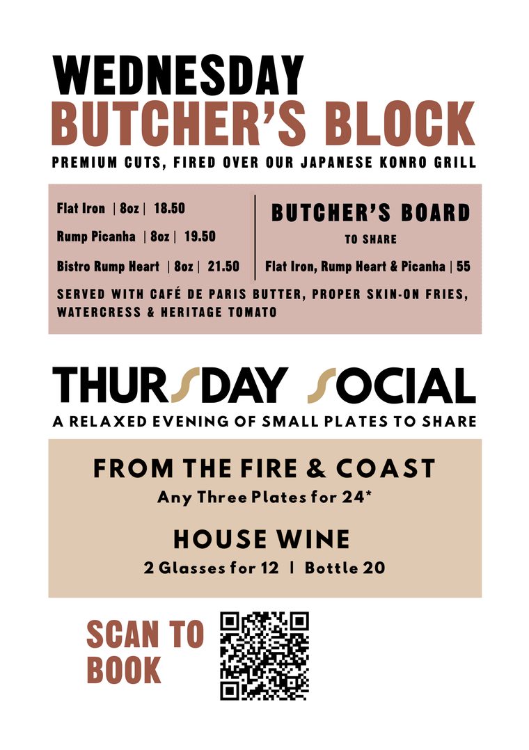 A5 флаер с офертите Butcher's Block в сряда и Social в четвъртък за The Brasserie at Darleys, Дарби, проектиран от Wonder Works Design