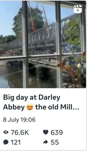 Кадър от рийл „Голям ден“ при моста на мелницата Darley Abbey за The Brasserie at Darleys, Дарби, 76 600 гледания