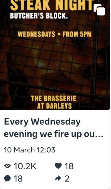 Instagram публикация за The Brasserie at Darleys, Дарби: Steak Night Butcher's Block в сряда, 10 200 гледания