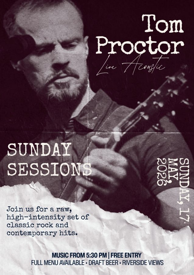 Плакат Sunday Sessions за Том Проктър с класически рок в The Brasserie at Darleys, Дарби, проектиран от Wonder Works Design