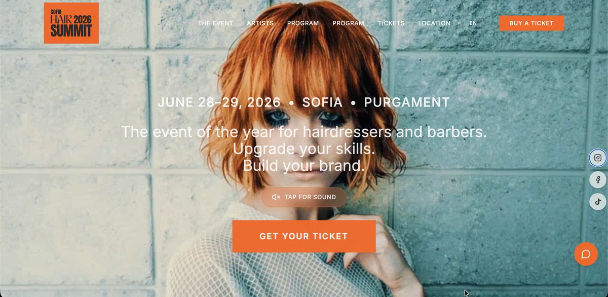 Началната страница на sofiahairsummit.com, проектирана и изградена от Wonder Works