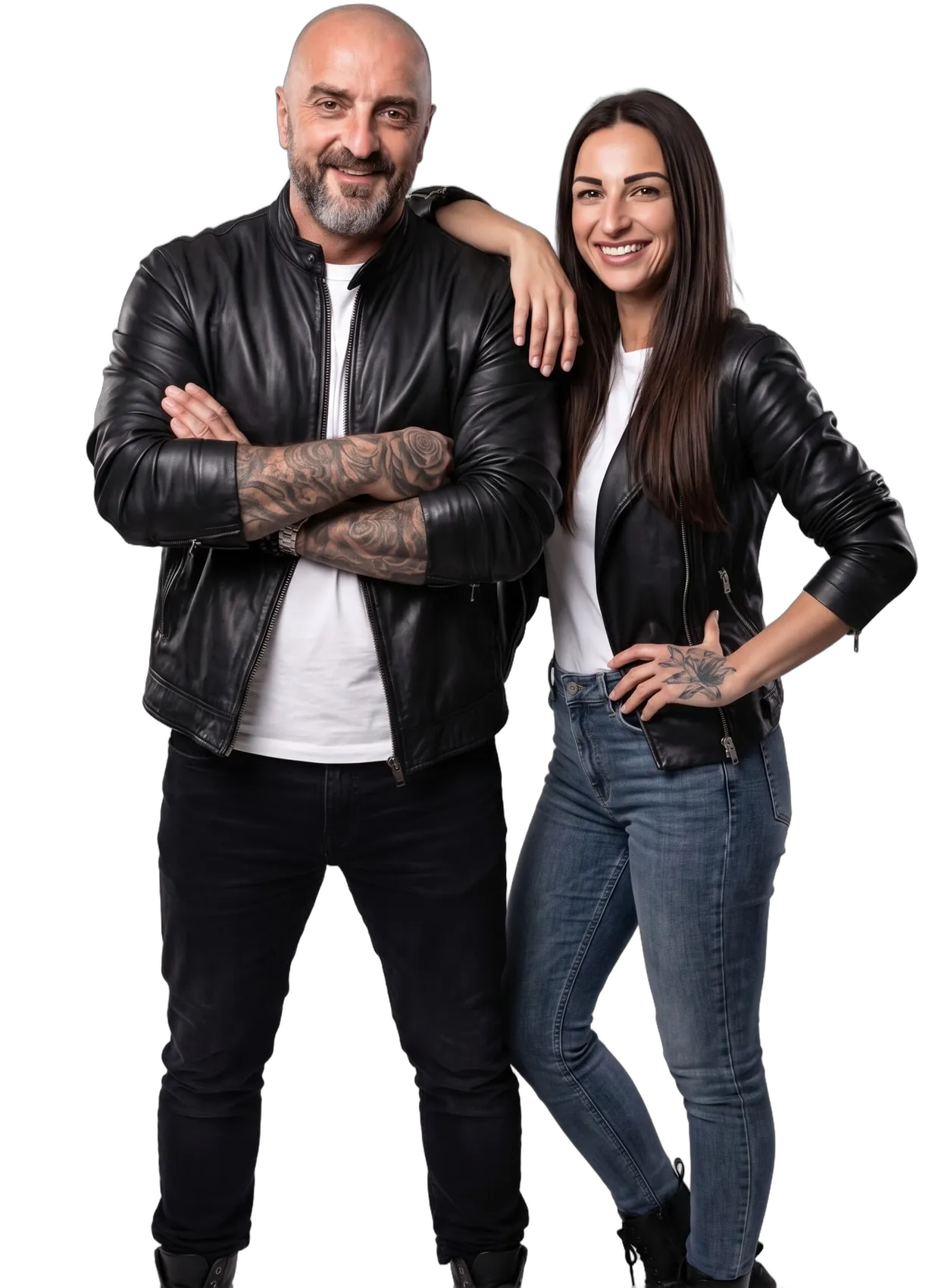 Colin and Neli Rooney in black leather jackets