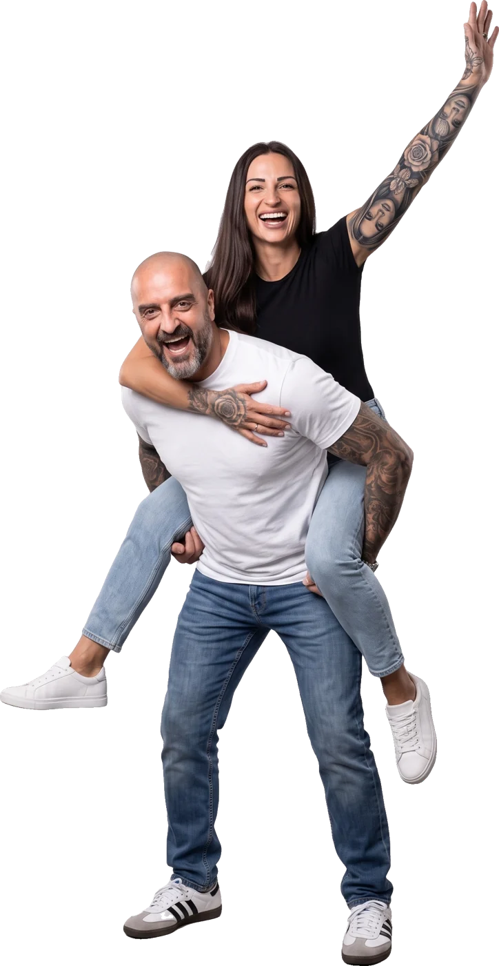 Neli riding piggyback on Colin, both laughing