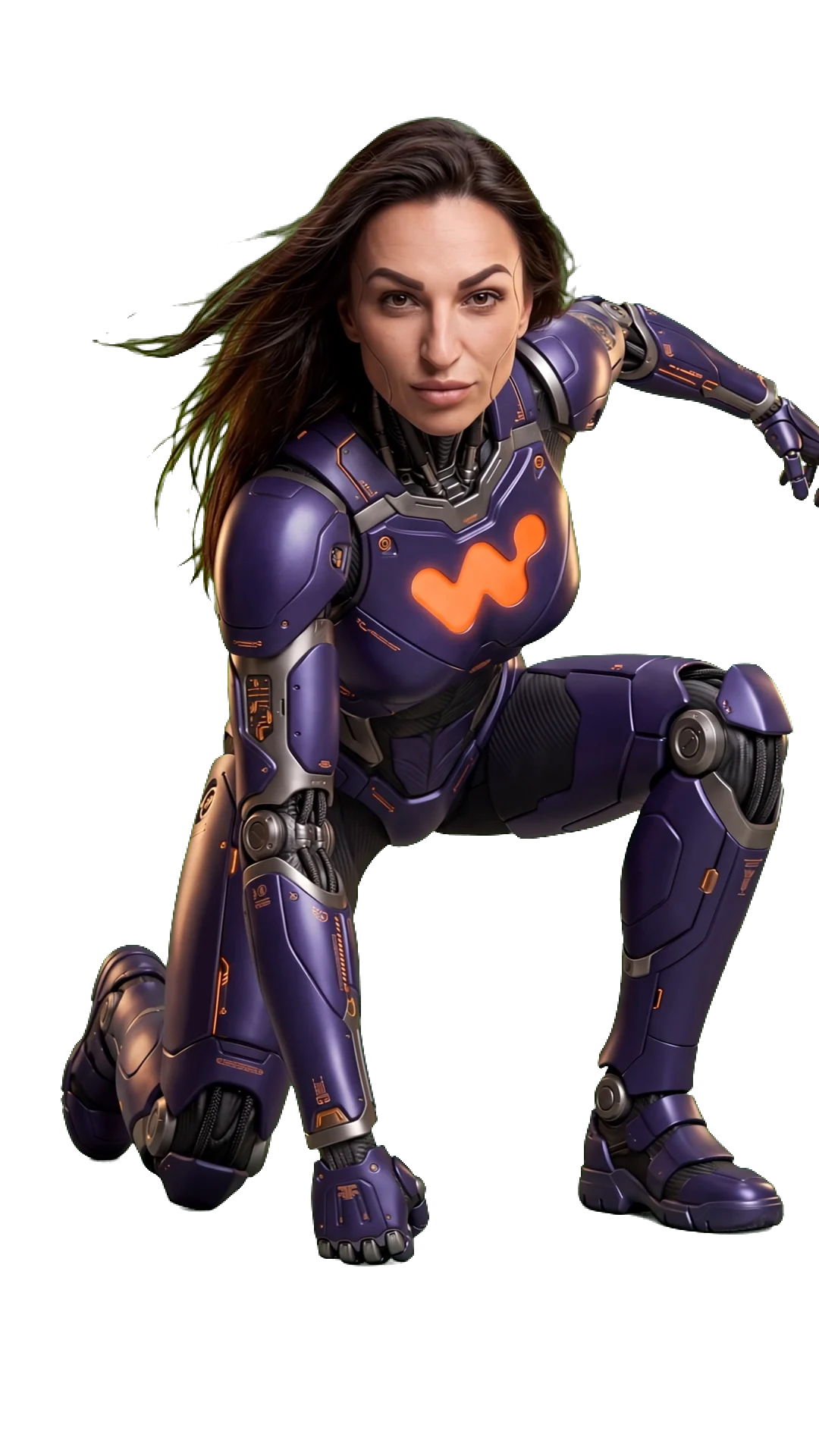 An android superhero with our orange W on her chest, landing in a superhero pose