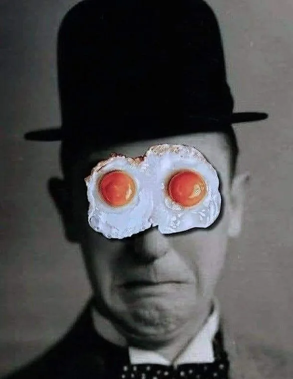 Surrealist brunch collage for The Brasserie at Darleys: man in a bowler hat with fried eggs for eyes