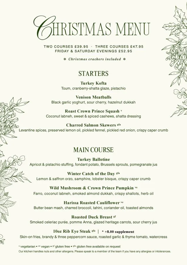 Christmas Party menu for The Brasserie at Darleys, Derby, designed by Wonder Works