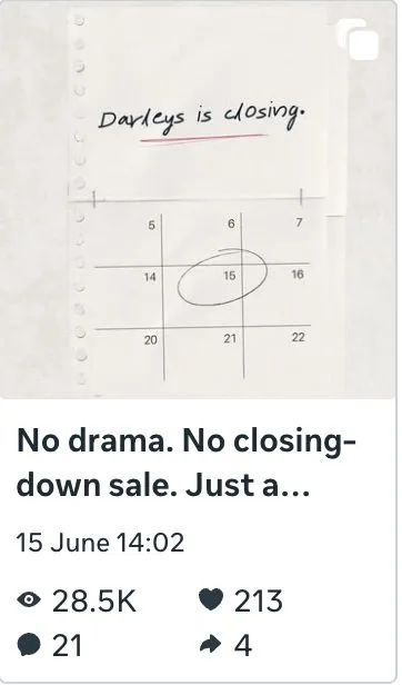 Handwritten Darleys is closing teaser post for the rebrand launch, 28,500 views