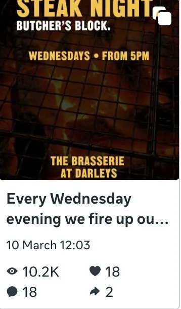 Instagram post for The Brasserie at Darleys, Derby: Steak Night Butcher's Block on Wednesdays, 10,200 views
