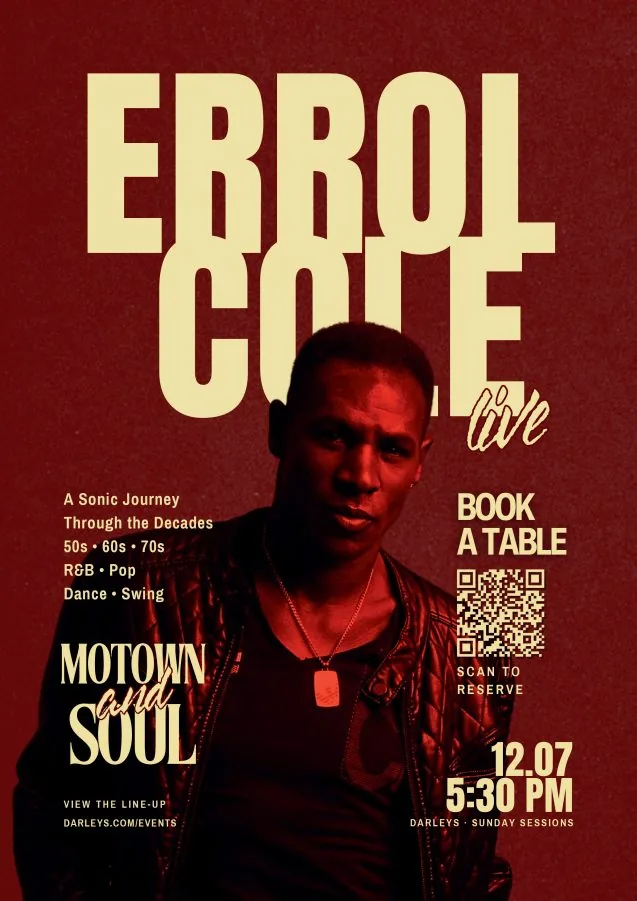 Sunday Sessions gig poster for Errol Cove with decades of soul at The Brasserie at Darleys, Derby, designed by Wonder Works