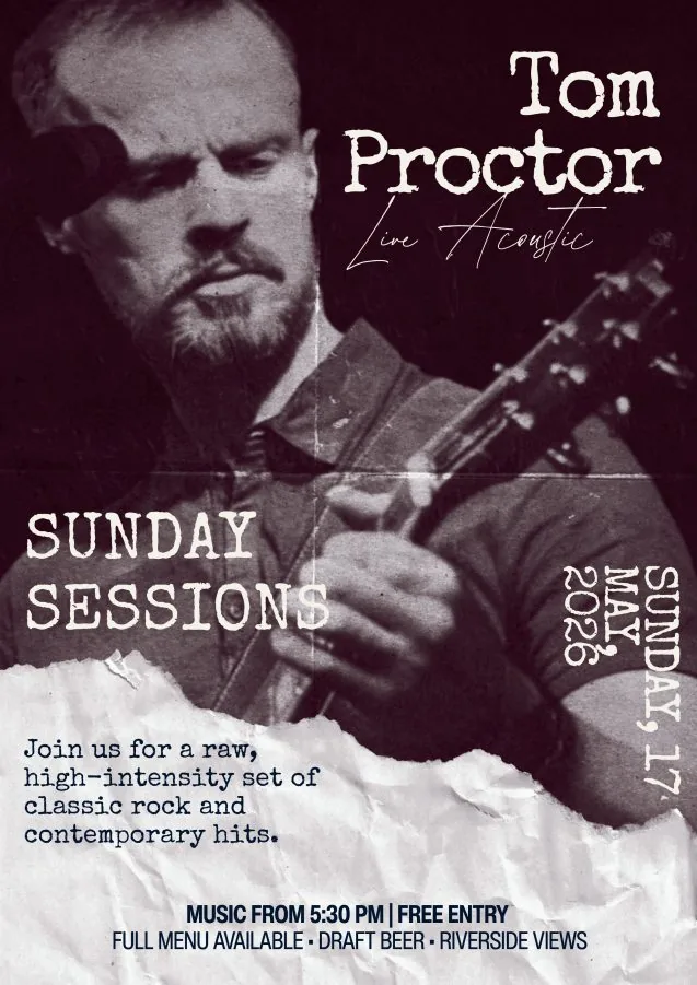 Sunday Sessions gig poster for Tom Proctor classic rock at The Brasserie at Darleys, Derby, designed by Wonder Works
