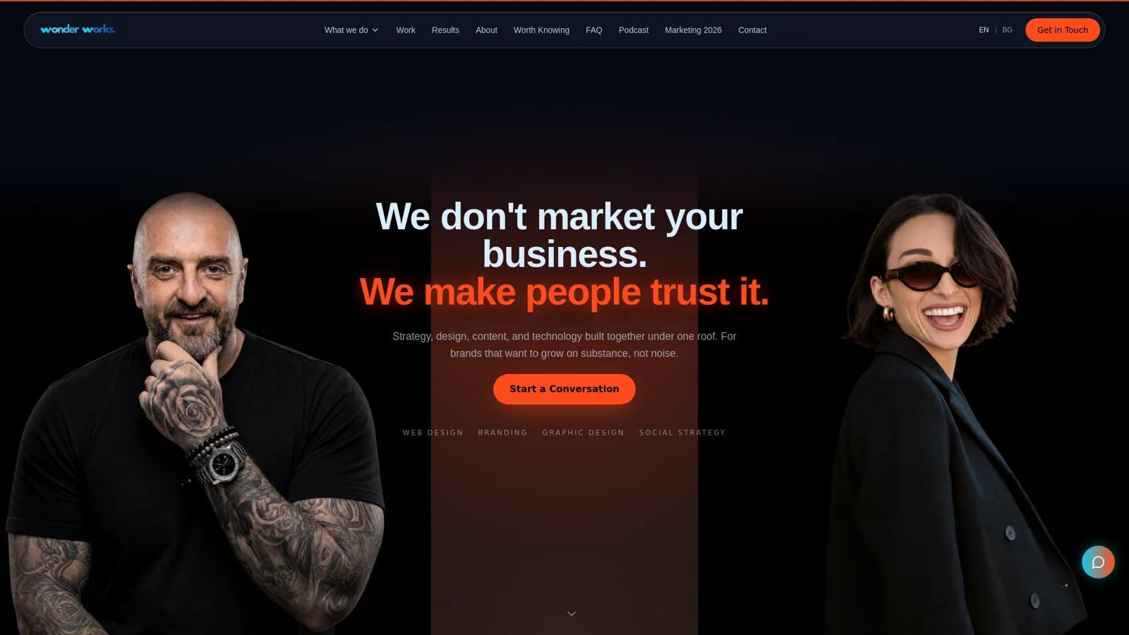 Our first website, December 2025 to July 2026: dark and cinematic, the two founders either side of the line We don't market your business. We make people trust it.