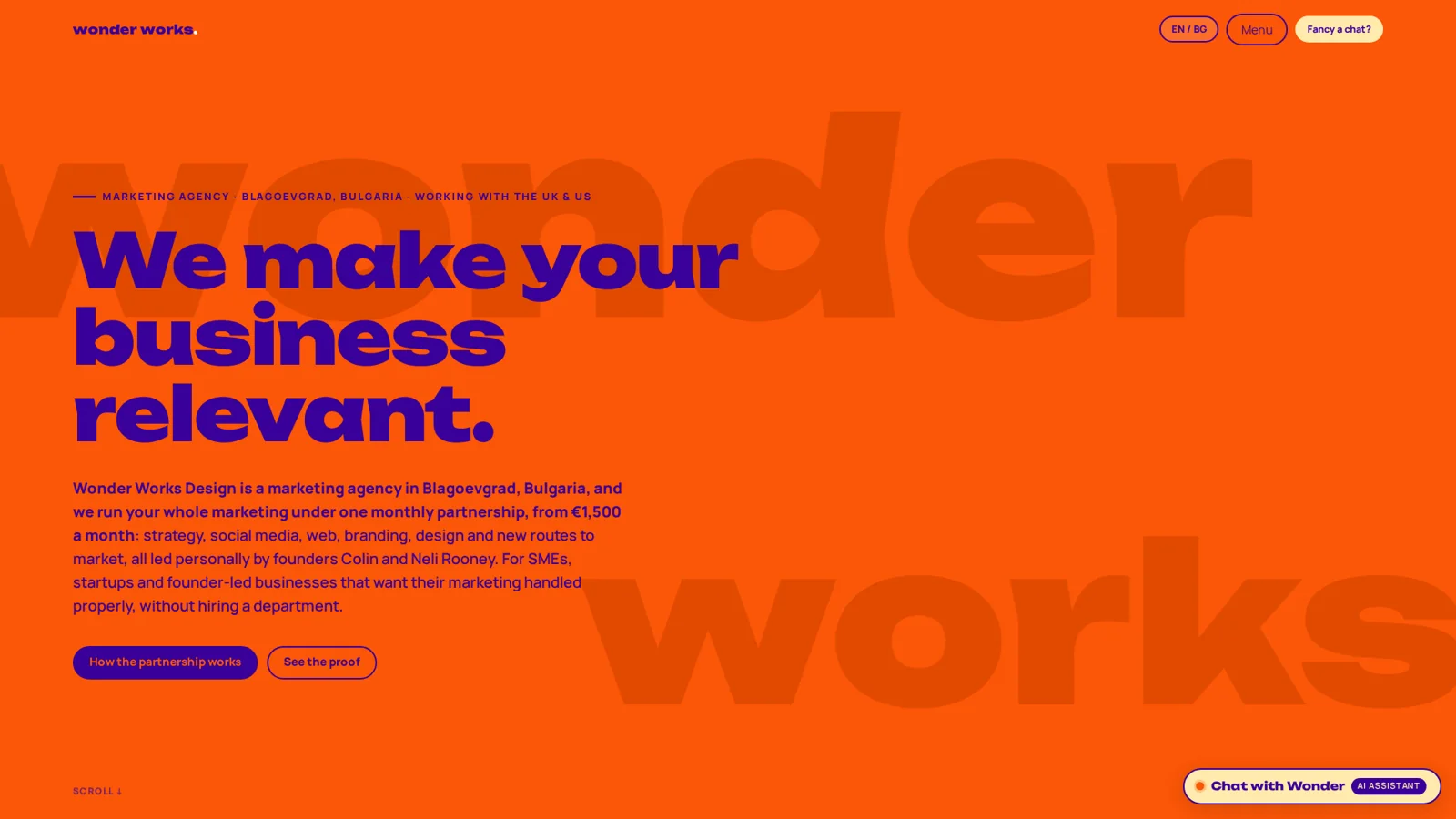Our second website, July to October 2026: bright orange with the line We make your business relevant, the monthly price on the front page and an AI chat assistant.