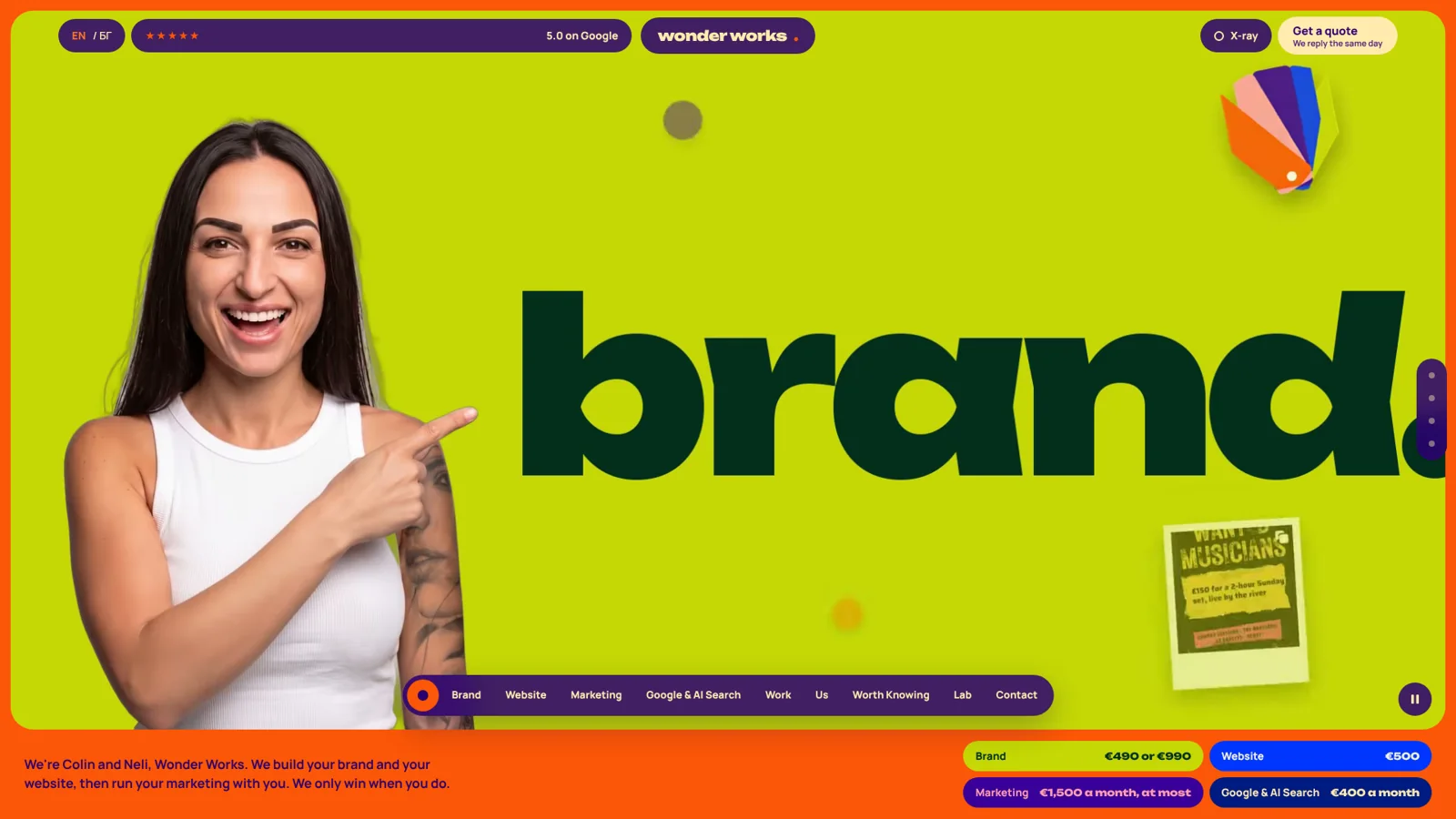 Our third website, live since 3 October 2026: the Wonder Works home page with the founders, the prices and the services in English and Bulgarian.