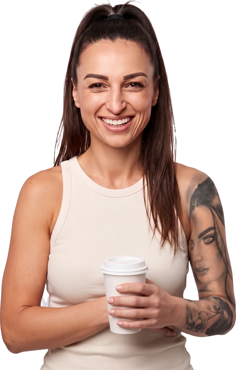 Neli Rooney smiling with a coffee cup