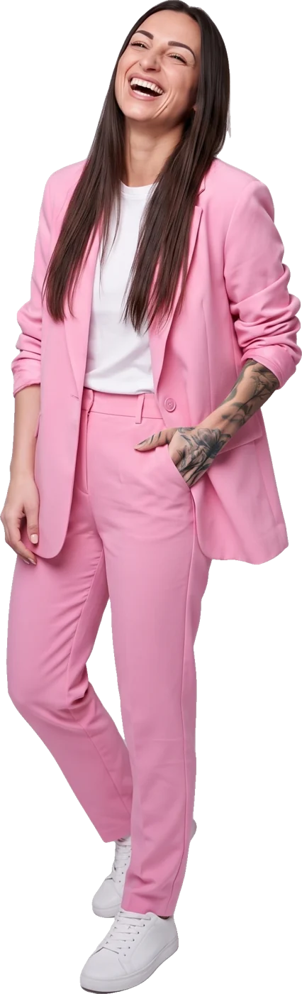 Neli Rooney laughing in a pink suit
