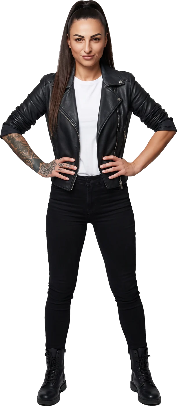 Neli Rooney in a black leather jacket, hands on her hips