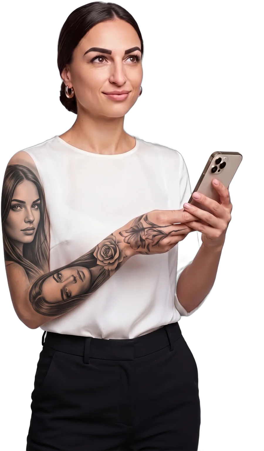 Neli Rooney holding her phone and smiling